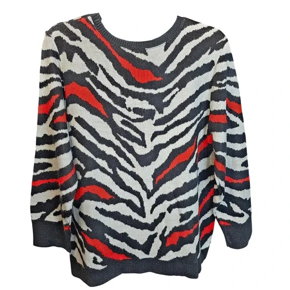 Ruby Rd Womens Zebra Animal Print Sweater Red Black White Crew Neck Large USA - Picture 2 of 5